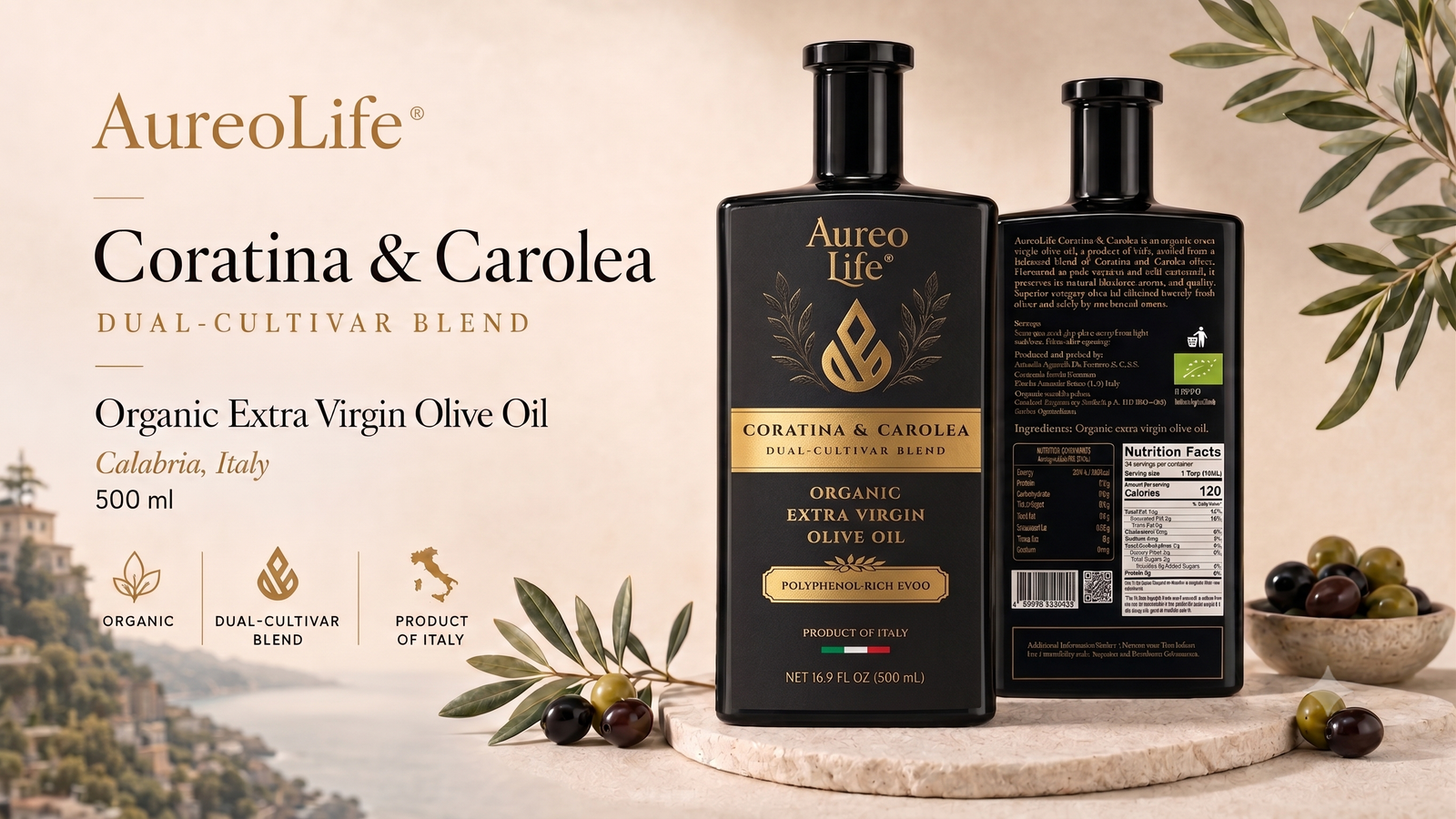 AureoLife 500ml Dual-Cultivar Blend EVOO - Premium Black Glass