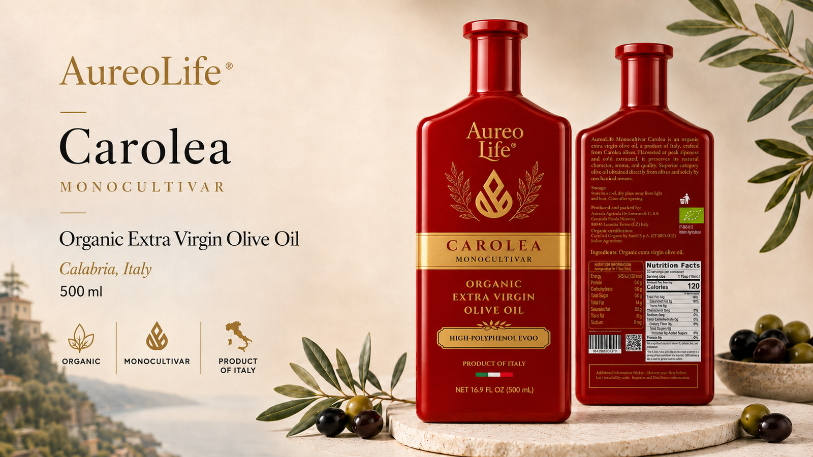 AureoLife 500ml Monocultivar Carolea EVOO - Premium Red Glass