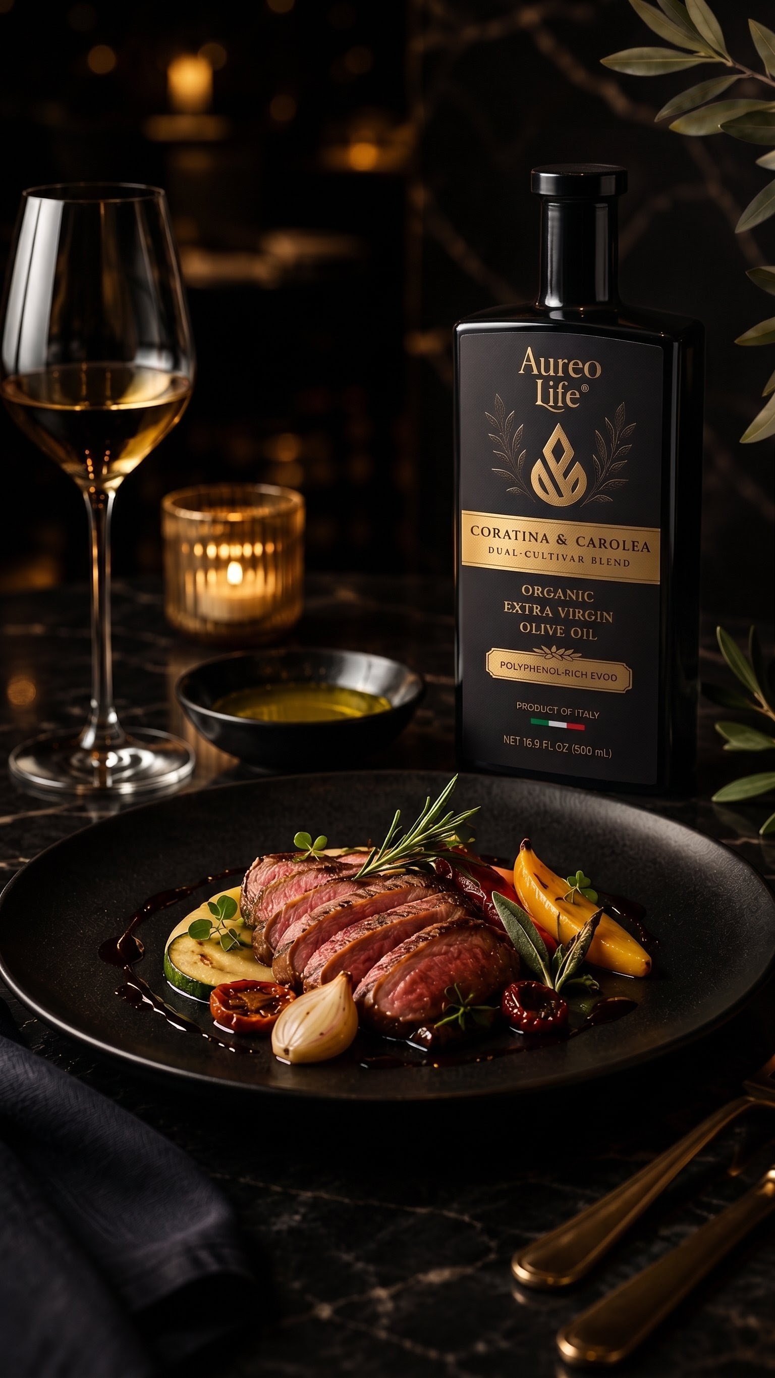 AureoLife extra virgin olive oil used in premium Mediterranean gastronomy