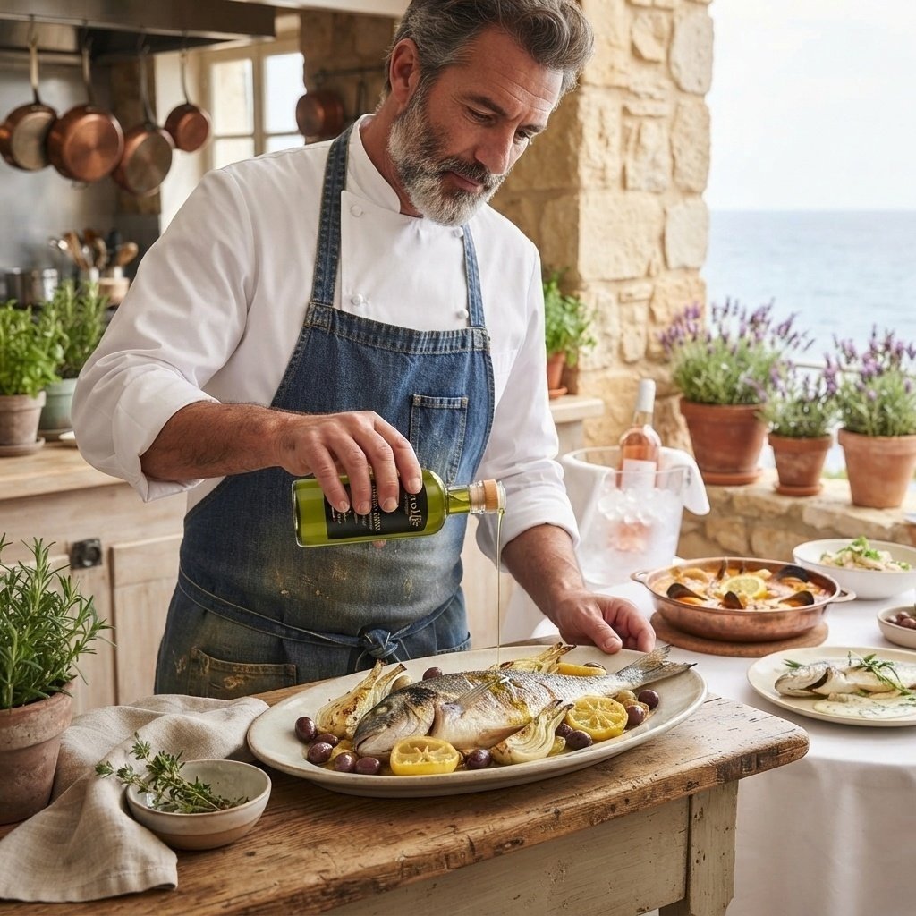 Chef finishing Mediterranean seafood with AureoLife olive oil