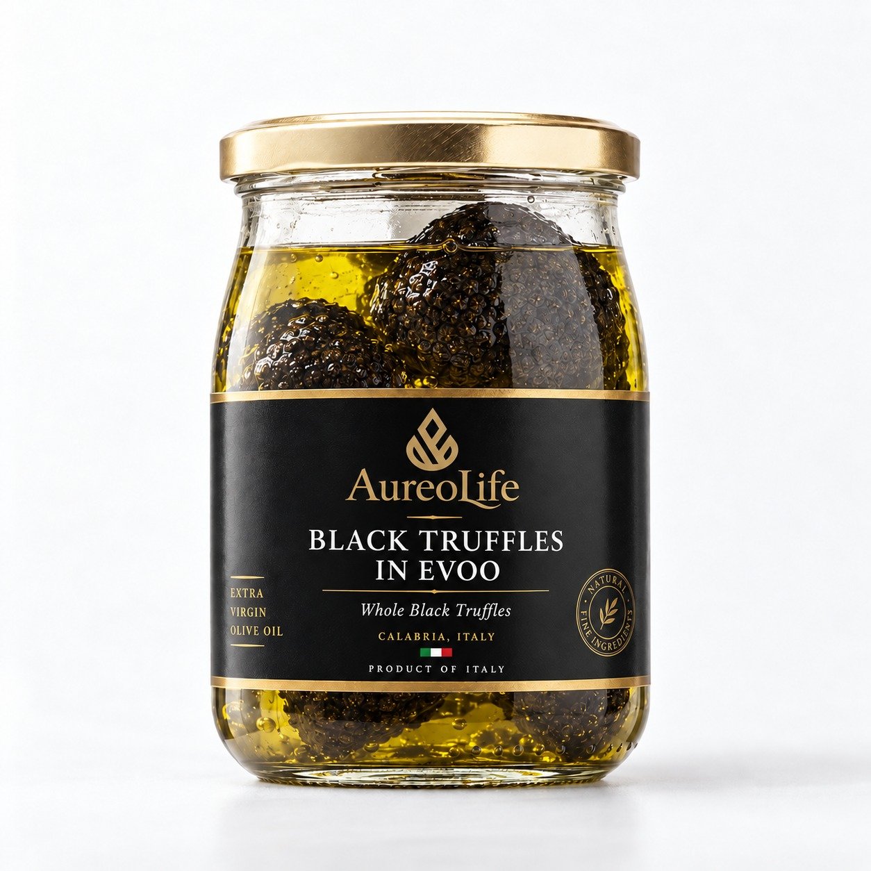 AureoLife jar of whole black winter truffles preserved in organic extra virgin olive oil
