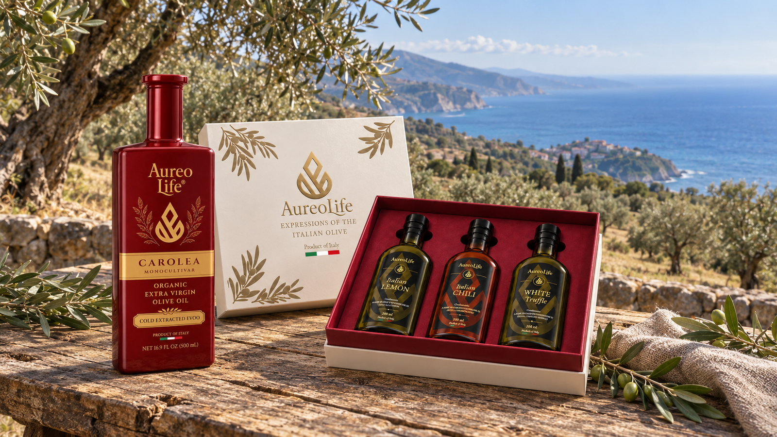 AureoLife Carolea bottle and Infused Collection gift box overlooking the Calabrian coast