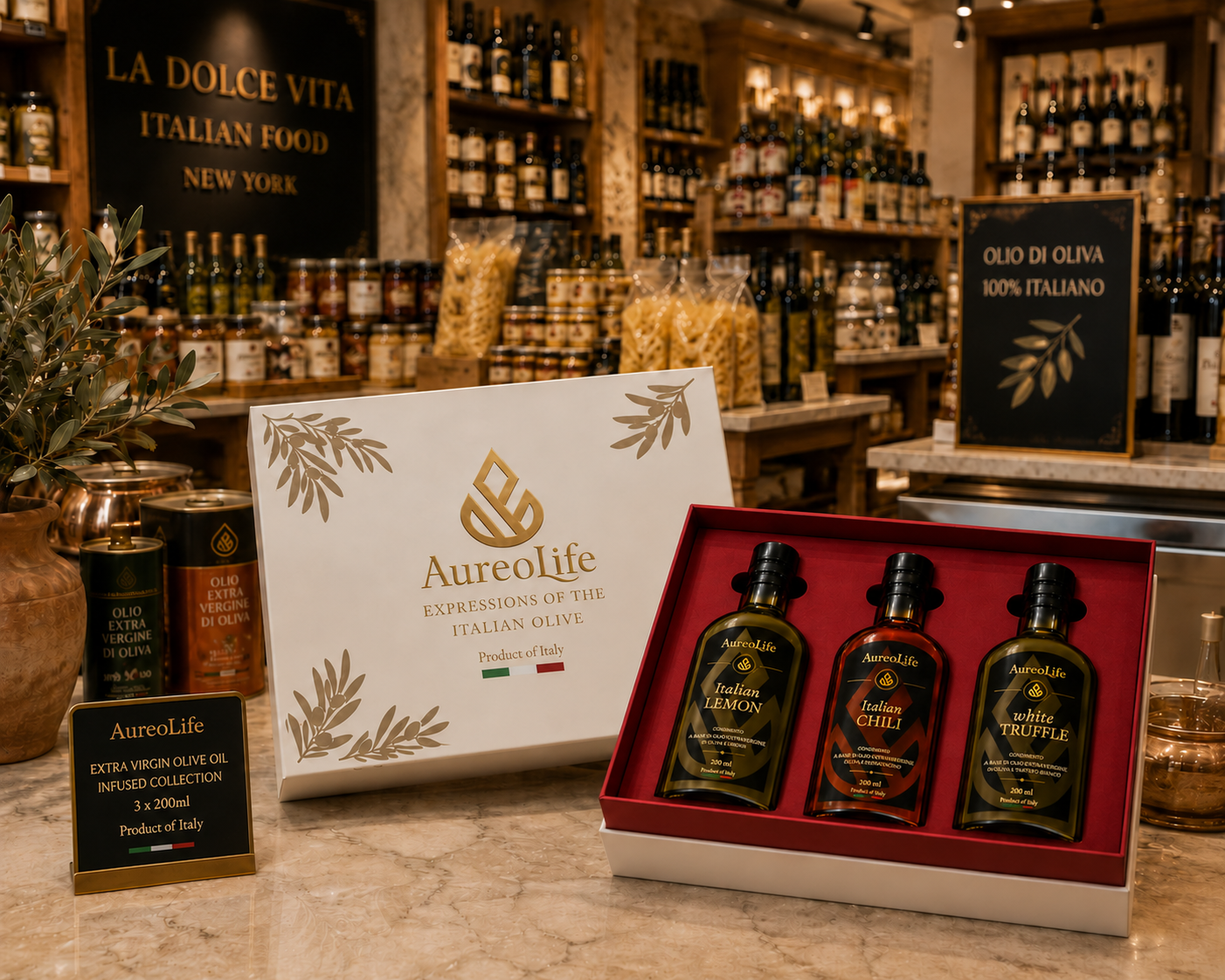 AureoLife Infused Collection with Italian Lemon, Italian Chili and White Truffle in a specialty-food retail setting